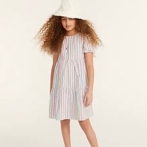 Girls' puff-sleeve dress in rainbow seersucker